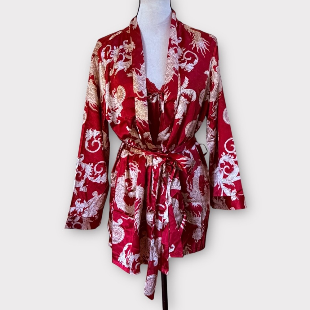 Escalier satin red/champagne floral robe and cami